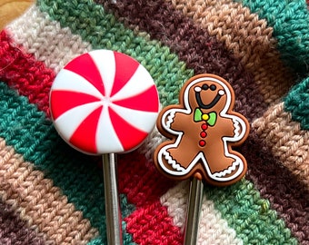 Gingerbread peppermint Christmas SET OF 2 Silicone needle stopper; knitting needle caps; craft supply notions; sewing knitting crochet