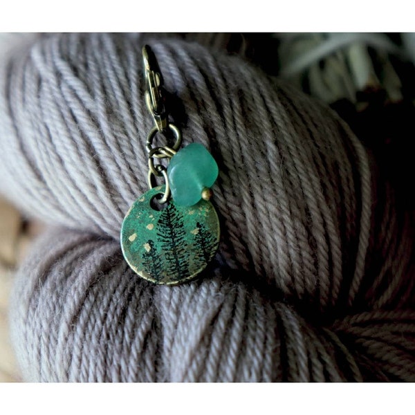 Stamped patina bronze coin Nature gemstonestone inspired stitch marker; stitch marker progress keeper; knitting crochet