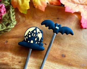 Haunted house bats Halloween SET OF 2 Silicone needle stopper; knitting needle caps; craft supply notions; sewing knitting crochet