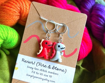 RAWR! Fire and stone 2 pc stitch marker snagless rings huggie clasps; progress keeper; knitting crochet earrings