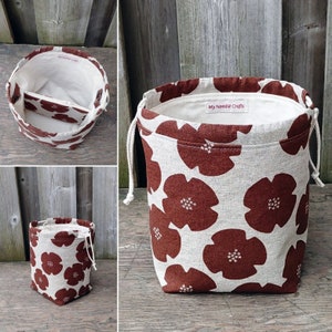 Knitting Bag in Rust Flowers Print Linen, Project Bag for two at a time sock knitting, Knitting Tote