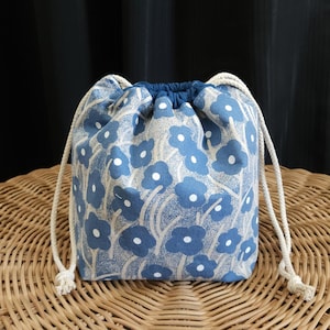 Linen Knitting Project Bag: Blue Floral Print, Zippered Pouch