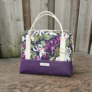 Purple Iris Print Knit Night Bag, Retreat Bag, Wire frame project bag for knitting or crochet on the go