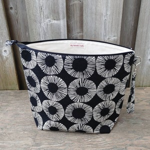 Circles on Black print linen project bag, Shawl size Knitting Bag, Zippered wedge Bag, Crochet Bag, Knitting Tote, Zipper Pouch image 1