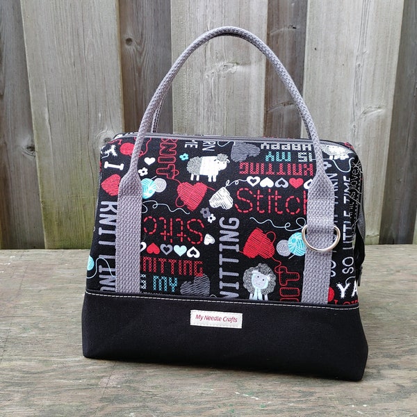 Knit Night Bag in Knitting theme print with black canvas, Retreat Bag, Wire frame project bag for knitting or crochet on the go