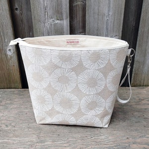 White Circles print linen project bag, Shawl size Knitting or Crochet Bag, Knitting Tote, Minimalist Japanese print