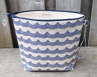 Blue Waves print linen project bag, Shawl size Knitting or Crochet Bag, Knitting Tote, Minimalist Japanese print