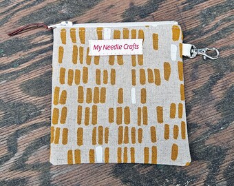 Gold Dash Linen Cotton print Mini Pouch for knitting notions, clip on pouch for electronics storage