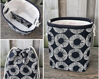 Drawstring Knitting Bag in Black Circle Print Linen, 3-4 skein Shawl size Project Bag, Divided Yarn Organizer, Crochet Tote