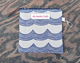 Blue Waves Linen Cotton print Mini Pouch for knitting notions, clip on pouch for electronics storage