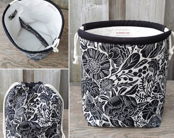 Drawstring Knitting Bag in Black Flower Print Linen, 3-4 skein Shawl size Project Bag, Divided Yarn Organizer, Crochet Tote