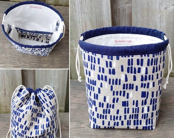Knitting Bag in Blue Dashes Print Linen, Project Bag for two at a time sock knitting, Knitting Tote