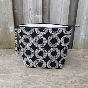 Circles on Black print linen project bag, Shawl size Knitting Bag, Zippered wedge Bag, Crochet Bag, Knitting Tote, Zipper Pouch image 6