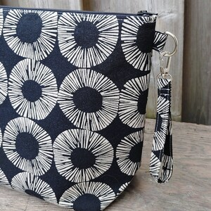 Circles on Black print linen project bag, Shawl size Knitting Bag, Zippered wedge Bag, Crochet Bag, Knitting Tote, Zipper Pouch image 4