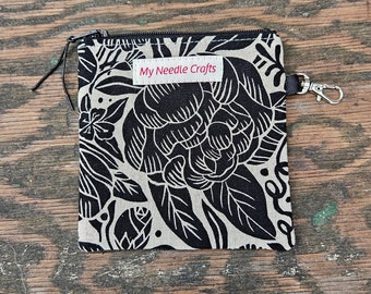 Black Floral print linen Mini Pouch for knitting notions, clip on pouch for electronics storage, earbud case