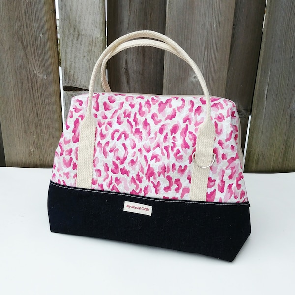 Knit Night Bag in heavy denim and pink animal print cotton, Wire frame project bag for knitting or crochet on the go, Retreat Bag