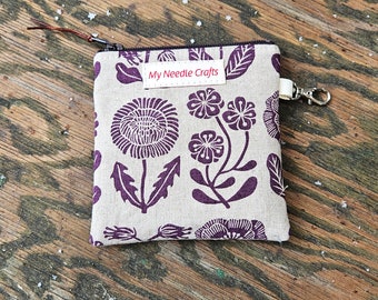 Purple Flowers print Linen Cotton Mini Pouch for knitting notions, clip on pouch for electronics storage