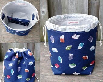 Project Bag in Bookworm book print, two at a time sock knitting bag, Drawstring Sock Sack