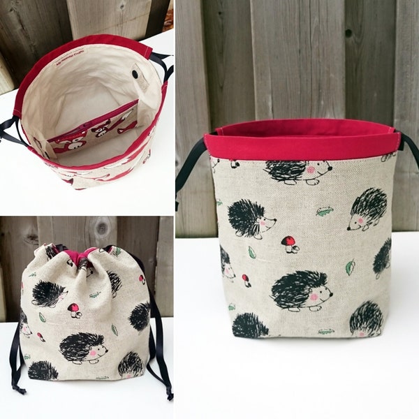 Project Bag for two at a time sock knitting in Hedgehog Print Linen, Drawstring Knitting or Crochet Tote