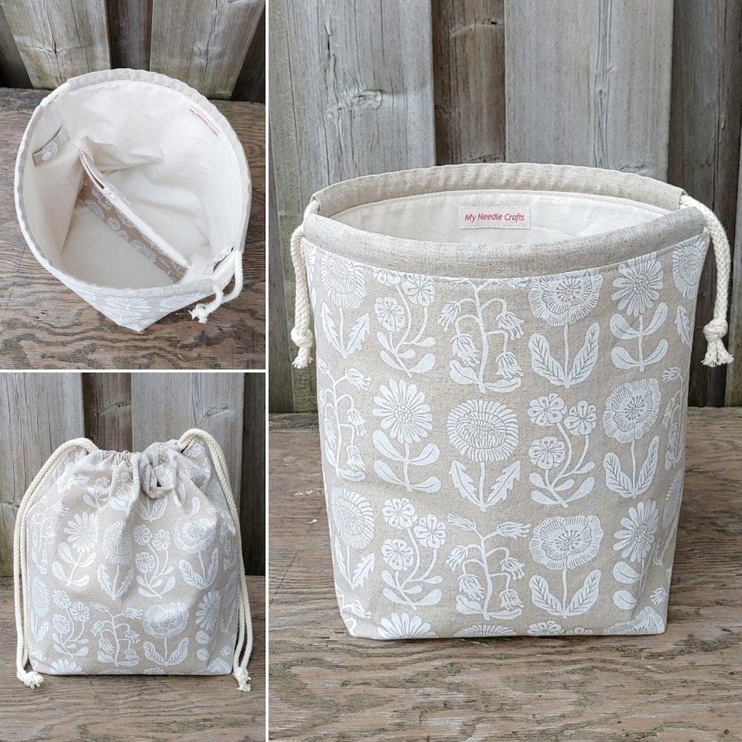 Drawstring Knitting Bag in White Flowers Print Linen, 34 Skein Shawl