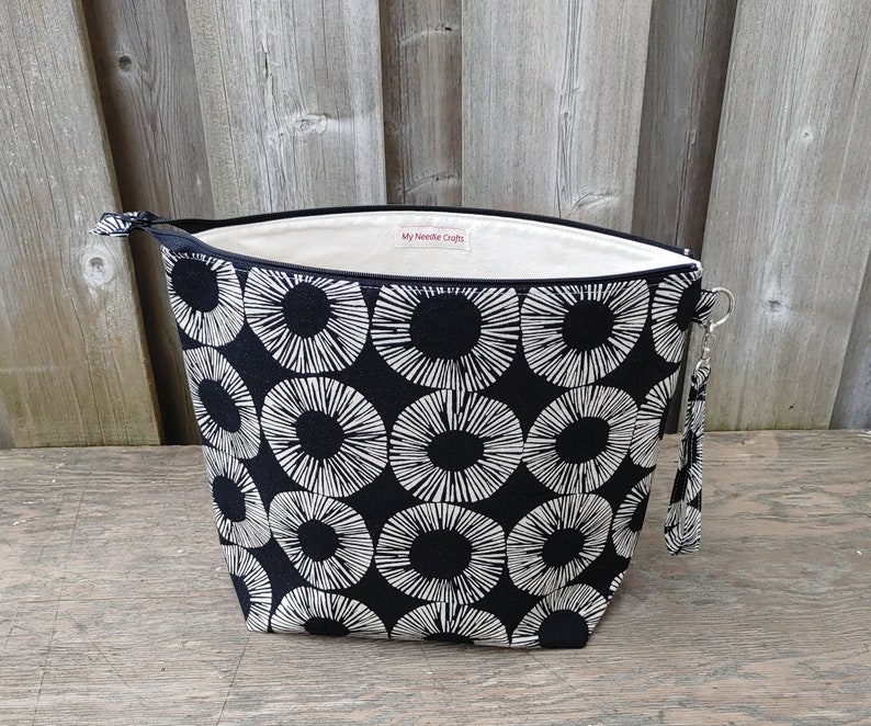 Circles on Black print linen project bag, Shawl size Knitting Bag, Zippered wedge Bag, Crochet Bag, Knitting Tote, Zipper Pouch image 1