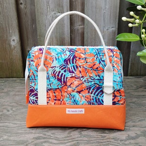 Orange and Blue Leafy Batik print Knit Night Bag, Retreat Bag, Wire frame project bag for knitting or crochet on the go