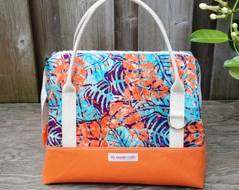 Orange and Blue Leafy Batik print Knit Night Bag, Retreat Bag, Wire frame project bag for knitting or crochet on the go
