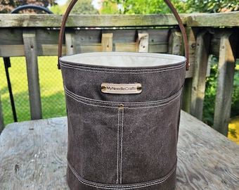 Canvas Project Bucket with leather handle in Raisin for knitting or crochet