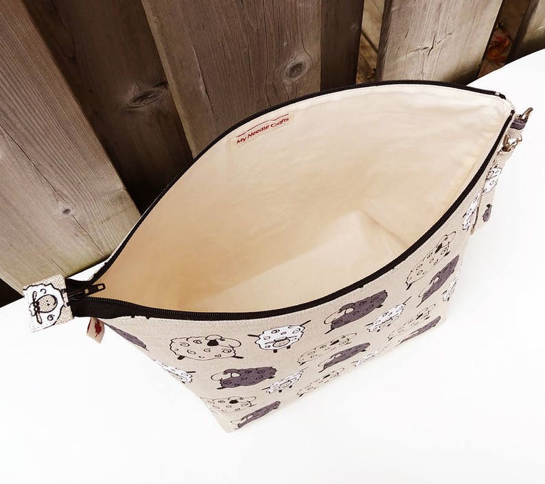 Knitting Project Bag in sheep print linen Zippered Knitting Etsy