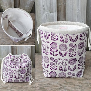 Drawstring Knitting Bag in Purple Flowers Print Linen, 3-4 skein Shawl size Project Bag, Divided Yarn Organizer, Crochet Tote