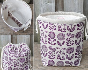 Drawstring Knitting Bag in Purple Flowers Print Linen, 3-4 skein Shawl size Project Bag, Divided Yarn Organizer, Crochet Tote