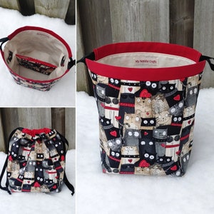 Sock Knitting Bag in Crazy Cats print, two at a time sock Project Bag, Drawstring Sock Sack