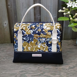 Navy and Gold Floral Batik print Knit Night Bag, Retreat Bag, Wire frame project bag for knitting or crochet on the go