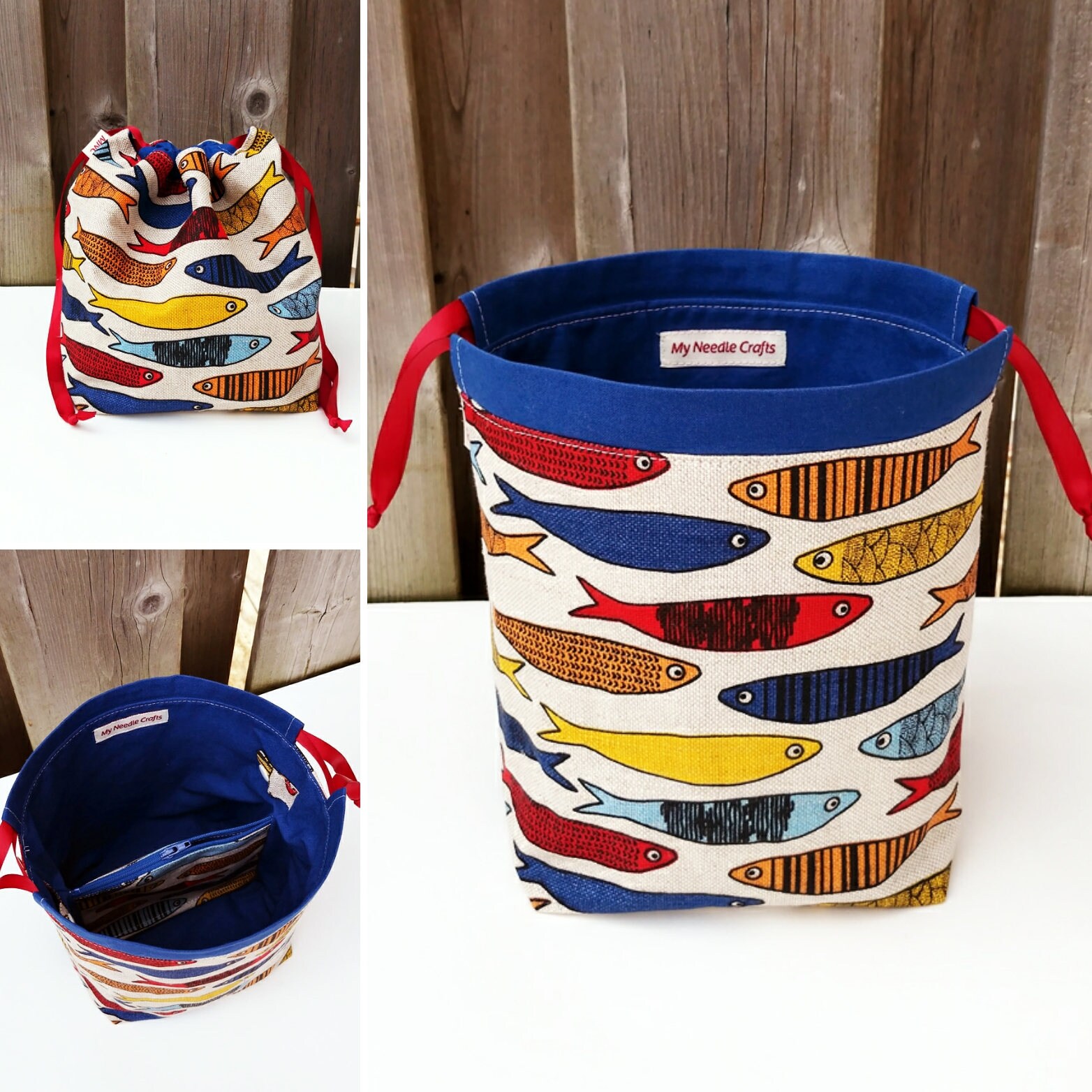 Knitting Bag in Colourful Fish Print Linen Sock Knitting Etsy