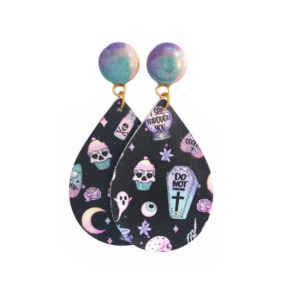 Pastel Swirl Faux Leather Goth Teardrop Dangle Plugs / 6g, 4g, 2g, 0g, 00g, 7/16, 1/2, 9/16, 5/8, 11/16, 3/4, 7/8, 1inch / Halloween Gauges