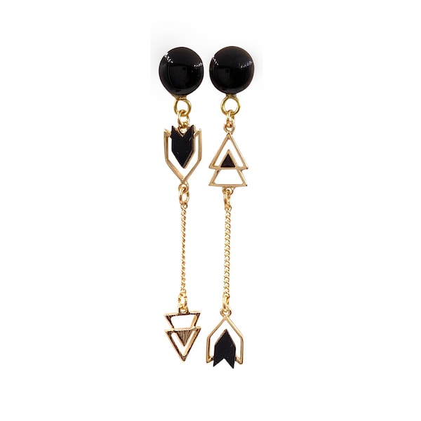 Black Gloss and Gold Chain Arrow Drop Dangle Plugs / 16g, 10g, 8g, 6g, 4g, 2g, 0g, 00g, 7/16, 1/2, 9/16, 5/8, 11/16, 3/4 in /Gold Only