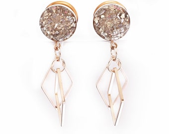 Silver, Gold, Rose Gold, or Black - Silver Crushed Glass Diamond Dangle Plugs / 16g, 10g, 8g, 6g, 4g, 2g, 0g, 00g, 7/16, 1/2, 9/16 / Gauges
