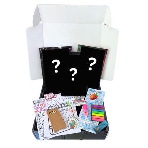 May include: An open black box filled with various stationery items and three black cards with white question marks. The box contains a reading list, sticky notes, a pink highlighter, and a small coloring book with colored pencils.