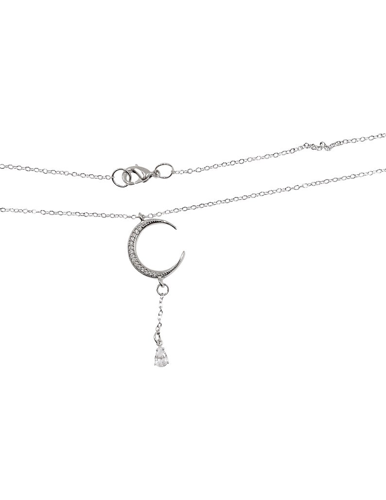CZ Crystal Moon and Teardrop Necklace in Silver Gold or Rose Gold Wedding Jewelry Delicate Fashion Silver Chain Gift for Her