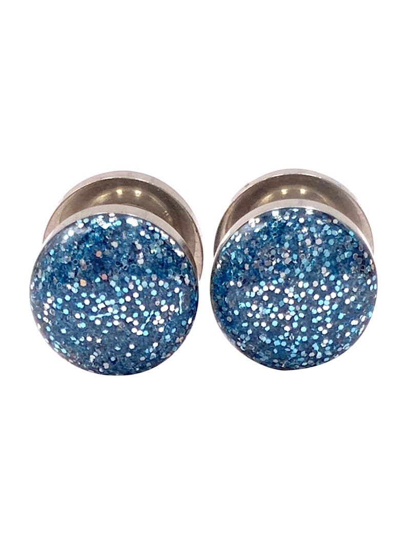 1116 12 00g 916 8g 1 in Screw on Gauges Gift 58 716 6g 78 34 Light Blue and Silver Sparkle Plugs 16g 0g 10g 2g 4g