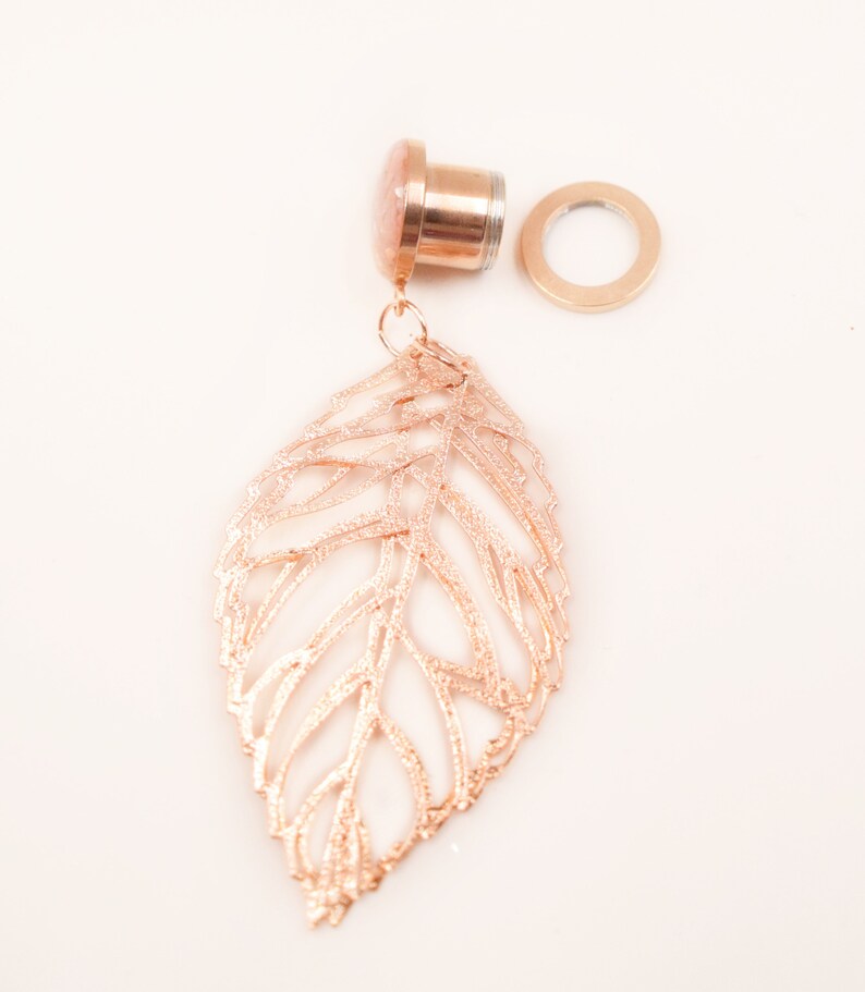 6g 00g 916 4g 58 1116 2g 10g 12 716 0g 8g Champange Shell Leaf Dangle Plugs 16g 34 in Dangle Gauges Rose Gold Plugs