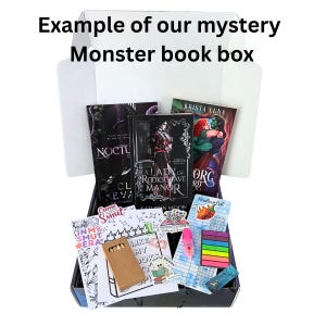 May include: A black box filled with books, stickers, and stationery. The books have dark covers with titles like "Noctu" and "A Lady of Rooksgrave Manor." The box also contains a notepad, sticky notes, and a highlighter. The text "Example of our mystery Monster book box" is at the top.