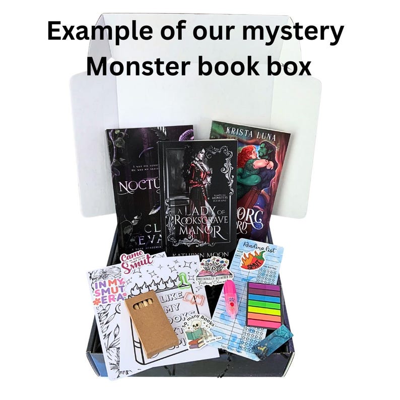 May include: A black box filled with books, stickers, and stationery. The books have dark covers with titles like "Noctu" and "A Lady of Rooksgrave Manor." The box also contains a notepad, sticky notes, and a highlighter. The text "Example of our mystery Monster book box" is at the top.
