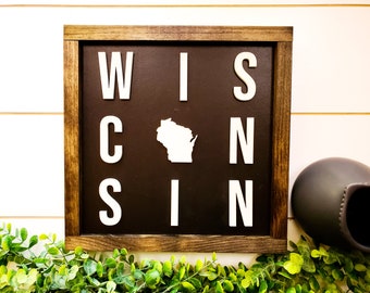 Rustic Wisconsin Home Sign: Framed Wood WI State Art
