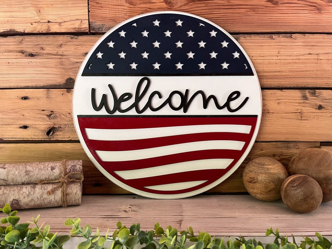 American Flag Welcome Round Sign Patriotic Decor Round Door Hanger Sign