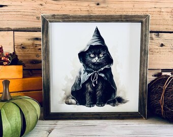 Framed Halloween Black Cat Sign: Witchy Spooky Fall Decor