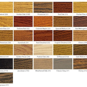 May include: A chart of 15 different wood stain colors, each with a name and number. The colors range from light to dark, with shades of brown, red, and gray.