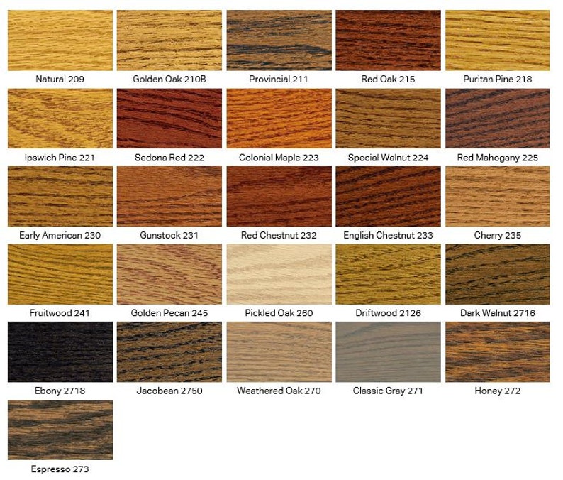 May include: A chart of 15 different wood stain colors, each with a name and number. The colors range from light to dark, with shades of brown, red, and gray.