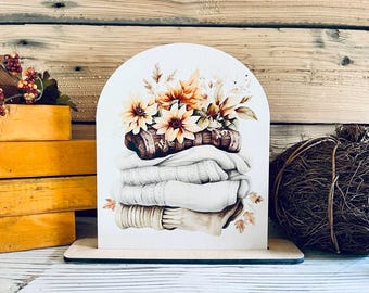 Fall Shelf Sitter Sign: Sunflowers & Pumpkins - Maple Wood Autumn Decor
