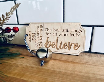 Polar Express Ticket Ornament: Engraved Maple Wood with Jingle Bell